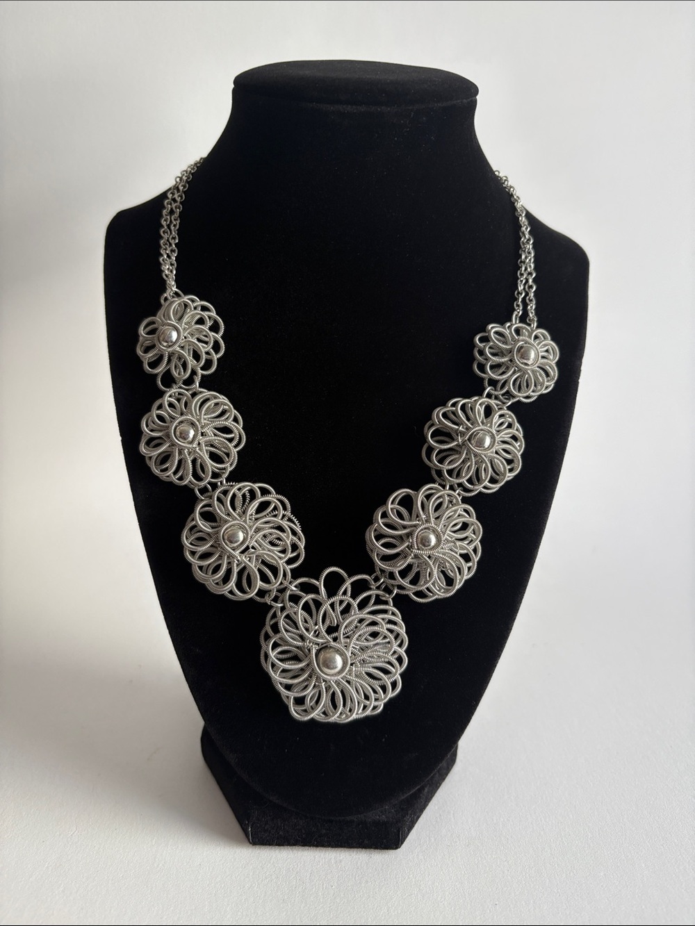 Silver Floral Statement Necklace Openwork Flower Women Jewelry